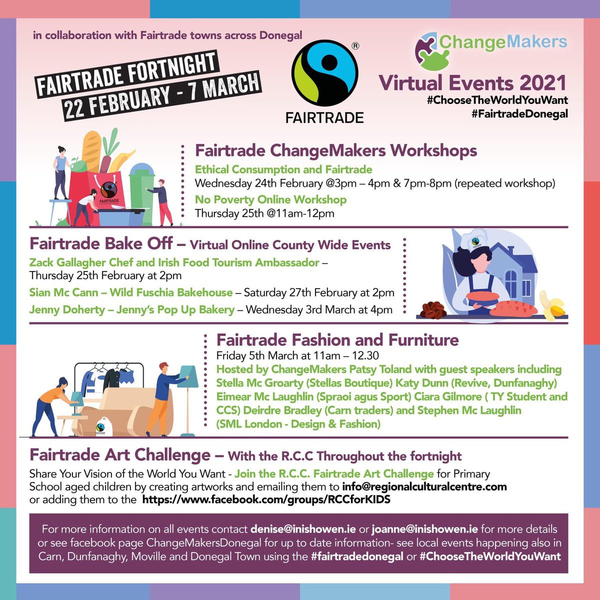 IDPInishowenDev's tweet image. #FairtradeFortnight is almost here!ChangeMakers Donegal will join Fairtrade towns across Donegal in a program packed with fun, education and awareness- raising. Zooming live from fair trade towns -Carndonagh, Moville, Donegal Town &amp;amp; Dunfanaghy with an exciting  array of events.