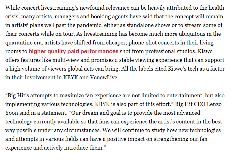 ARMY Finance 103 [A thread]Let's talk about how this livestreaming platform seems to be the next step in BH becoming the leader in entertainment (not just in SK but globally), and how their approach to this has been incredible. +(article:  https://www.rollingstone.com/pro/news/universal-music-yg-entertainment-big-hit-livestream-platform-1126039/ )