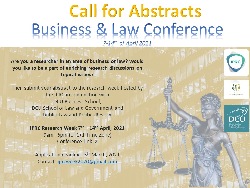 Irish Postrgraduate Research Conference (IPRC) (@irishiprc) on Twitter photo The IPRC will host its 2021 Research Week in conjunction with <a href="/BusinessDCU/">DCU Business School</a> and <a href="/LawGovDCU/">Law and Gov DCU</a> and <a href="/DublinLPR/">Dublin Law & Politics Review</a>, from 7th - 14th April, 2021. Submissions can be made online comsys.io/c/iprc-researc…. Please direct any queries about the event to iprcweek2020@gmail.com
#IPRC21 #Research The IPRC will host its 2021 Research Week in conjunction with <a href="/BusinessDCU/">DCU Business School</a> and <a href="/LawGovDCU/">Law and Gov DCU</a> and <a href="/DublinLPR/">Dublin Law & Politics Review</a>, from 7th - 14th April, 2021. Submissions can be made online comsys.io/c/iprc-researc…. Please direct any queries about the event to iprcweek2020@gmail.com
#IPRC21 #Research