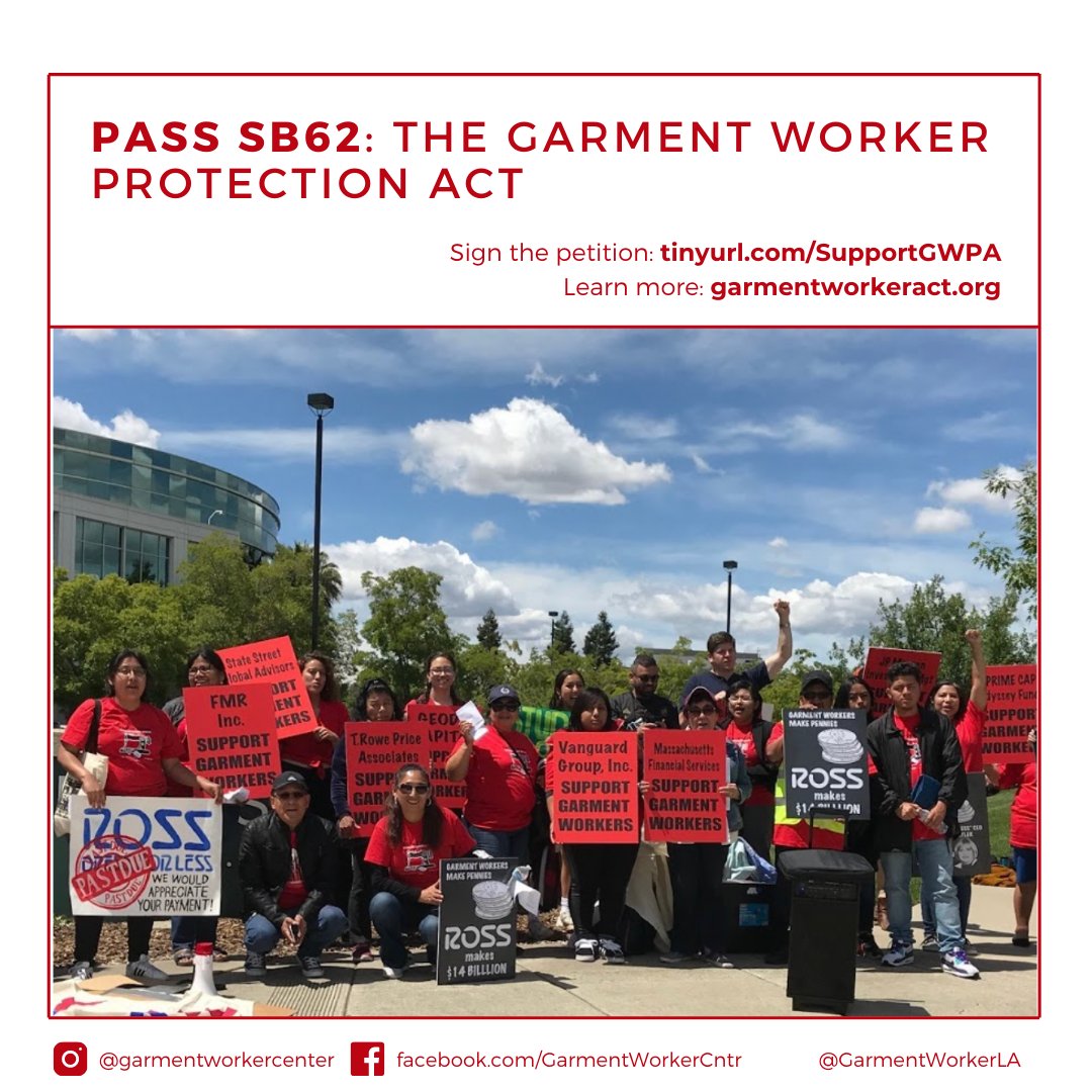 Visit garmentworkeract.org to read on wage theft in garment and legislation (SB62) proposed to eliminate this injustice.
Sign our petition to help pass SB62 Garment Worker Protection Act (GWPA) at: tinyurl.com/SupportGWPA <a href="/GarmentWorkerLA/">GarmentWorkerCenter</a>  4/4