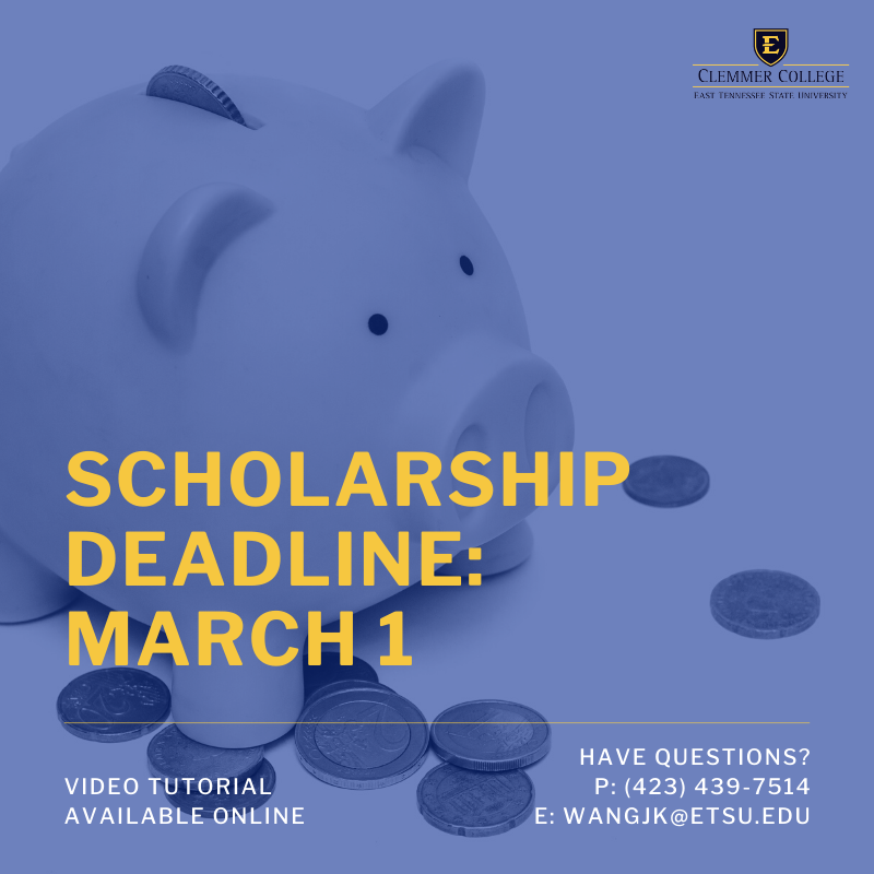 The deadline to apply for Clemmer College scholarships for the 2021-2022 academic year is quickly approaching. Apply today with our online application here: etsu.edu/coe/coescholar… Need help applying? Try watching our tutorial: youtube.com/watch?v=KrFIy-…