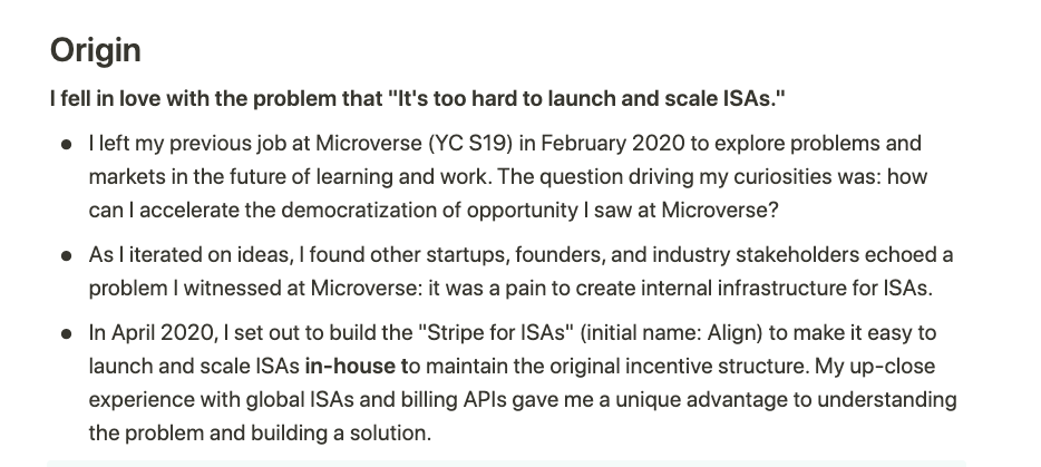 // Background //I started a company last year to tackle the problem that "it's too hard for entrepreneurs to launch and scale income share agreements."I thought making global ISAs easy would significantly help democratize access to opportunity.