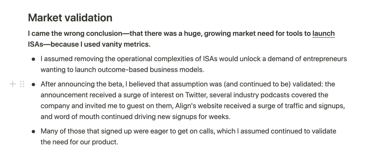 // Market validation //I thought that we validated the existence of a venture-scale problem from the beginning.In retrospect, we misinterpreted data validating the need for *information* on how to use ISAs as data validating the need for a *product* that makes ISAs easy.