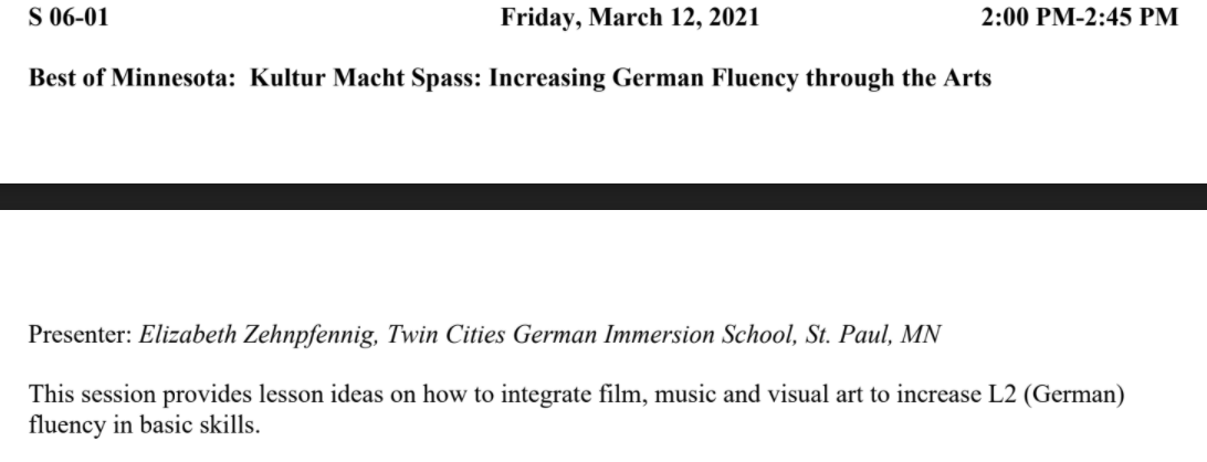 Elizabeth Zehnpfennig will represent <a href="/mctlc/">mctlc</a> with her Best of Minnesota session: Kultur Macht Spass: Increasing German Fluency through the Arts on Friday, Mar 12th. Register now at csctfl.org  #CSCTFL21