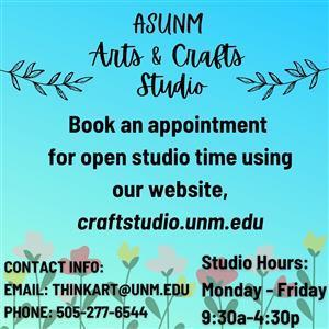 UNMSAC's tweet photo. Hey Lobos! The ASUNM Arts and Crafts Studio will be hosting studio hours for student and staff by appointment only. There is limited occupancy, so be sure to sign up for time slots in advance. 
Link in our bio to join! https://t.co/tKnHwWS1pC