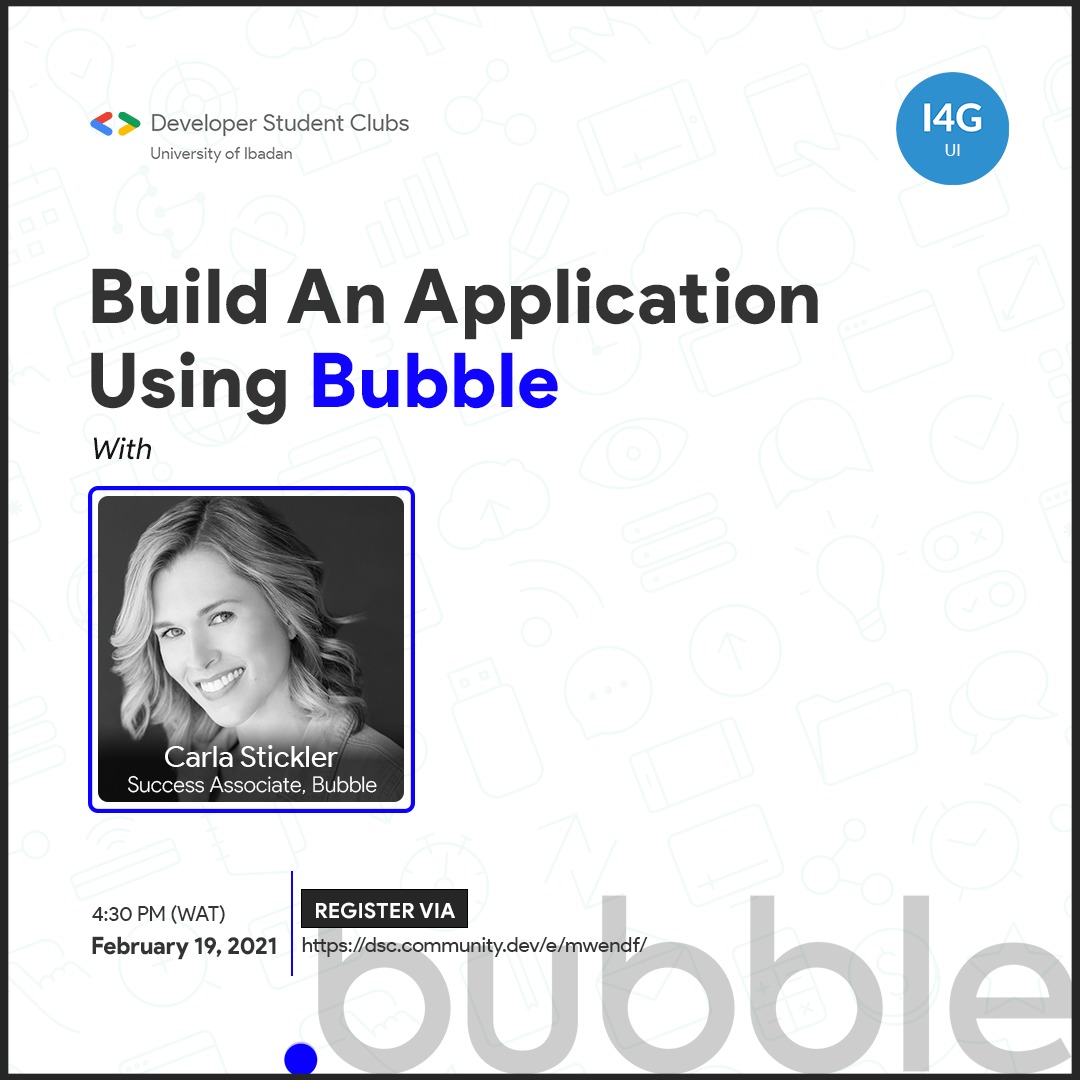 gdg_ui's tweet image. A few weeks ago, we had a session with @ojabowalola on building apps without code #nocode
This week, we&apos;ll be hosting @sticklercarla to show us how to build apps using @bubble!

🗓 Saturday, 19th February 2021
🕒 4:30 pm WAT

 RSVP 👇🏽 
dsc.community.dev/e/mwendf/

#DSCUI
