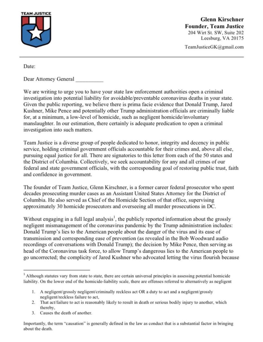 glennkirschner2's tweet image. Hey friends. Here are 1. the #TeamJustice letter to all 50 state (&amp;amp; DC) attorneys general demanding Trump be investigated for avoidable COVID deaths &amp;amp; 2. the link to sign the letter. Hope you’ll join the fight for justice. Because #JusticeMatters 
forms.gle/Rktg7hqucgsgMA…