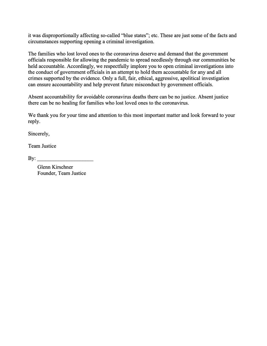 glennkirschner2's tweet image. Hey friends. Here are 1. the #TeamJustice letter to all 50 state (&amp;amp; DC) attorneys general demanding Trump be investigated for avoidable COVID deaths &amp;amp; 2. the link to sign the letter. Hope you’ll join the fight for justice. Because #JusticeMatters 
forms.gle/Rktg7hqucgsgMA…