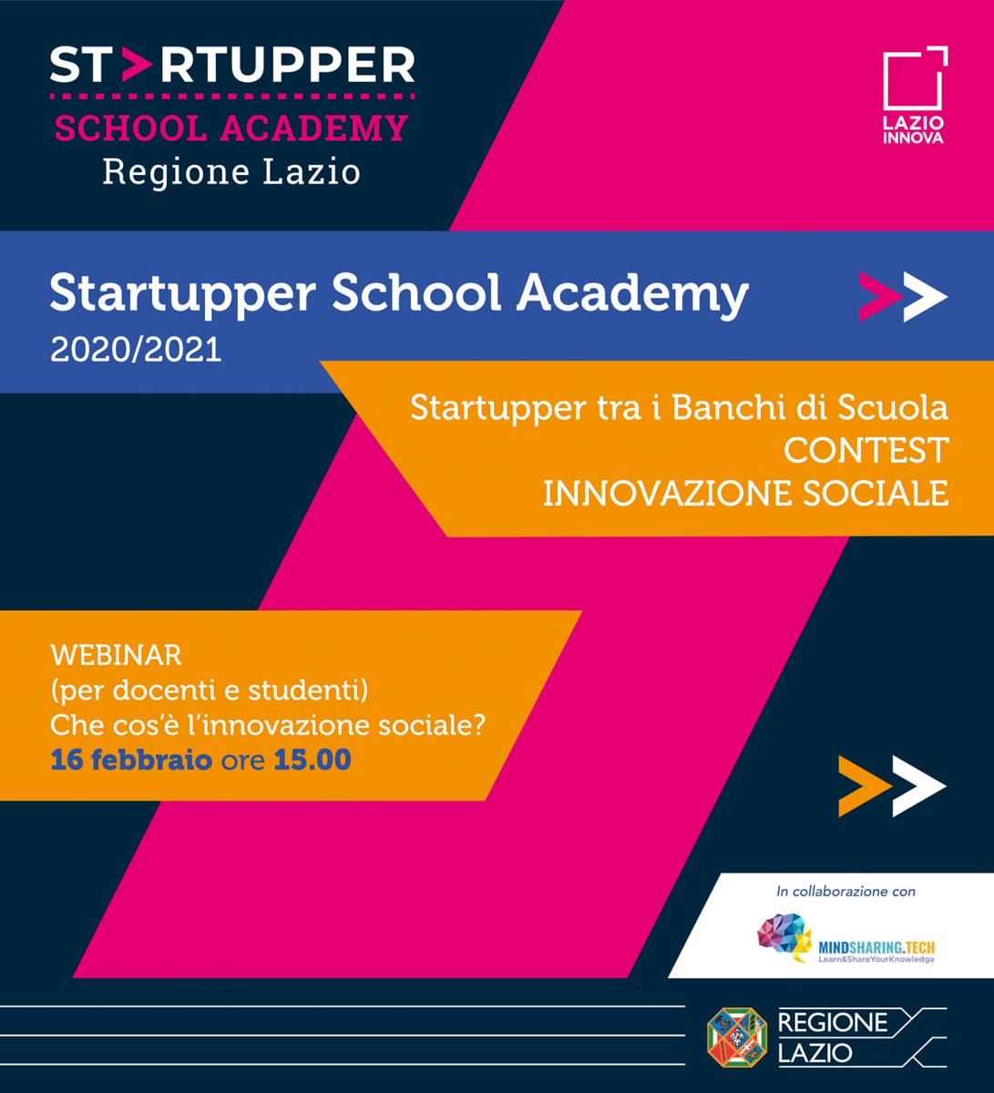 MindSharingTech's tweet image. ❗️ Domani, 16 febbraio ore 15 appuntamento con il #webinar per supportare le candidature al #Contest innovativo di #StartupperTraiBanchiDiScuola
Per partecipare ▶️ bit.ly/InnovazioneSoc…
Per iscriverti al Contest ▶️ bit.ly/2YaCeFZ
@RegioneLazio @LazioInnova