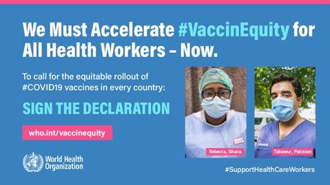 JimC_HRH's tweet photo. 2021: International Year of Health &amp; Care Workers
#Protect. #Invest. #Together. 

Too many health &amp; care workers have lost their lives to COVID-19. 

Take a moment to show your solidarity for #VaccinEquity 

Sign the declaration at: https://t.co/C9OtJ5lJQl https://t.co/XLuo8seunG