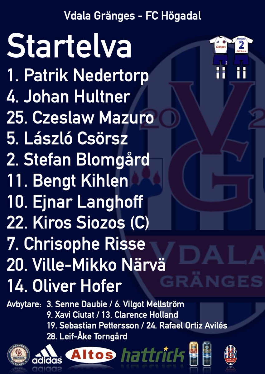 VdalaGranges's tweet photo. Startelvan till den sista och avgörande gruppspelsmatchen mot FC Högadal https://t.co/rEr8dbnZvs