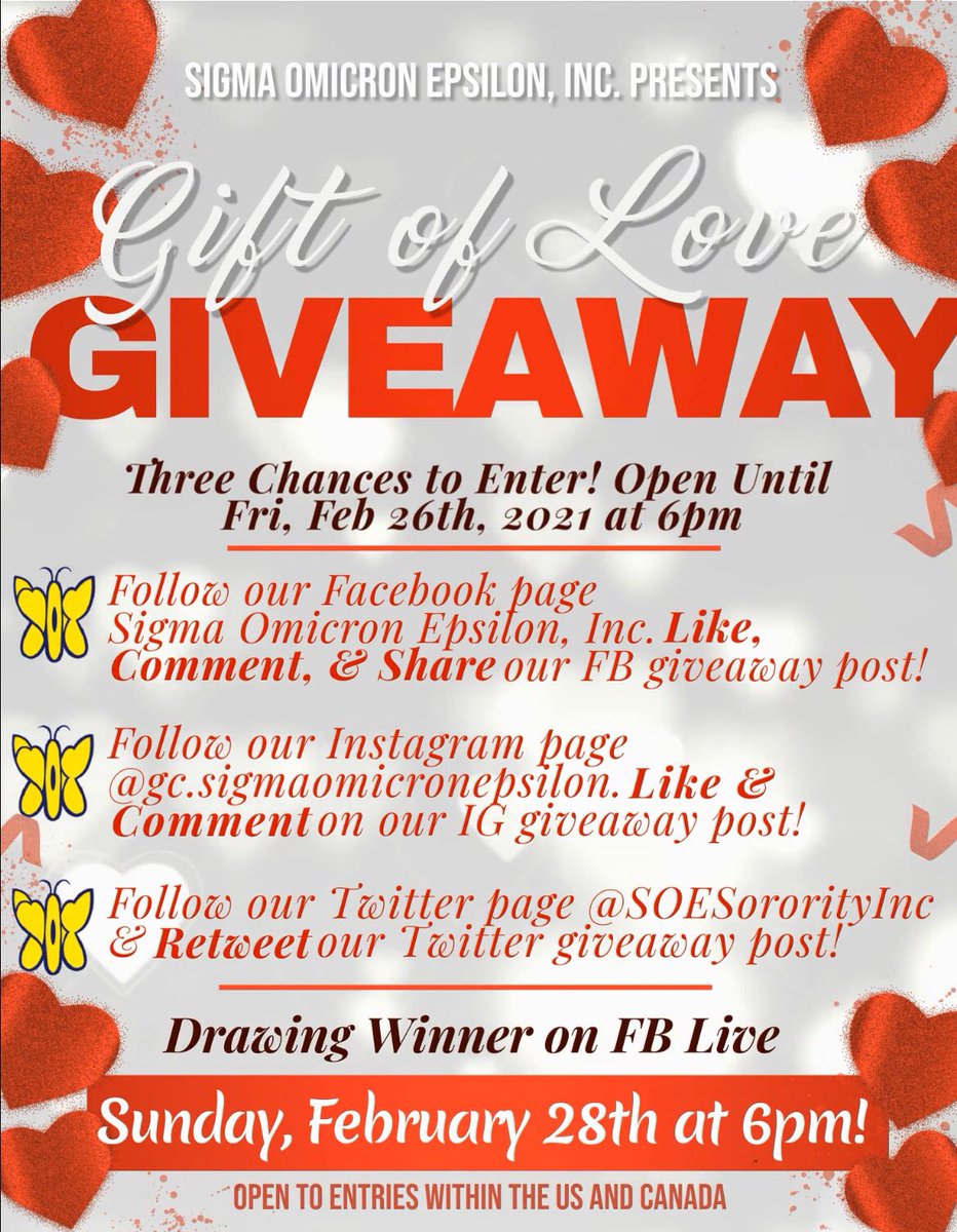 We are hosting a Gift of Love giveaway 🥰 

Three opportunities to enter are
❤️ Follow our Facebook page, comment and share our giveaway post 
❤️ Follow our Instagram <a href="/GC/">Garrett Camp</a>.sigmaomicronepsilon and comment on our post. 
❤️ Follow our Twitter <a href="/SOESororityInc/">SigmaOmicronEpsilon</a> and retweet our post.