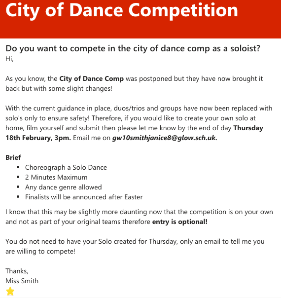 SmithycroftPE's tweet photo. 🌟 City of Dance Competition🌟

Please see info attached for any pupil wishing to compete as a soloist in this year's adapted competition.  

Note of interest to Miss Smith by Thursday 18th February, 3pm.

@smithycroft282 @fraser_active @MrPrescottPE @Mr_Skillen @MissfairbairnPE https://t.co/6IXRqxJxO0