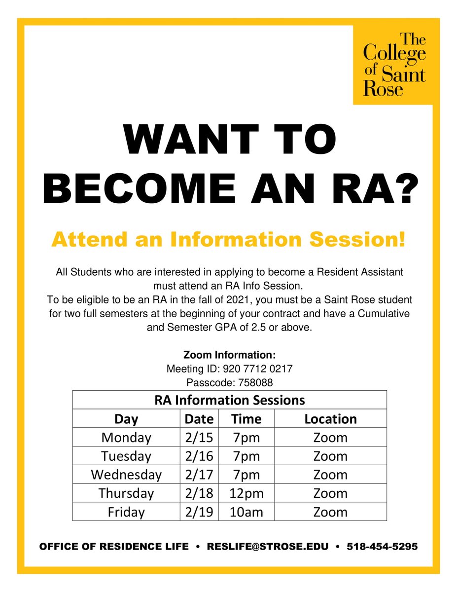 StRoseResLife's tweet image. Interested in becoming a student leader next year? The Residence Life office is excited to announce that we are kicking off RA Recruitment for 2021-2022! Please consider attending one of our info-sessions this week for more information!