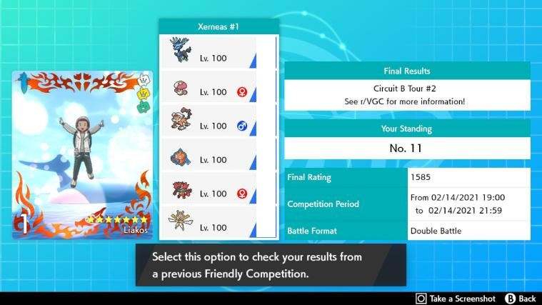 Finished 11th in the last R/VGC ladder tour with 10-3.Not my proudest result, especially since i was 8-0 at some point but was really unlucky in the last couple of games. It was still a fun run and would like to thank <a href="/TBFUnreality/">Aaron T.</a> for hosting!