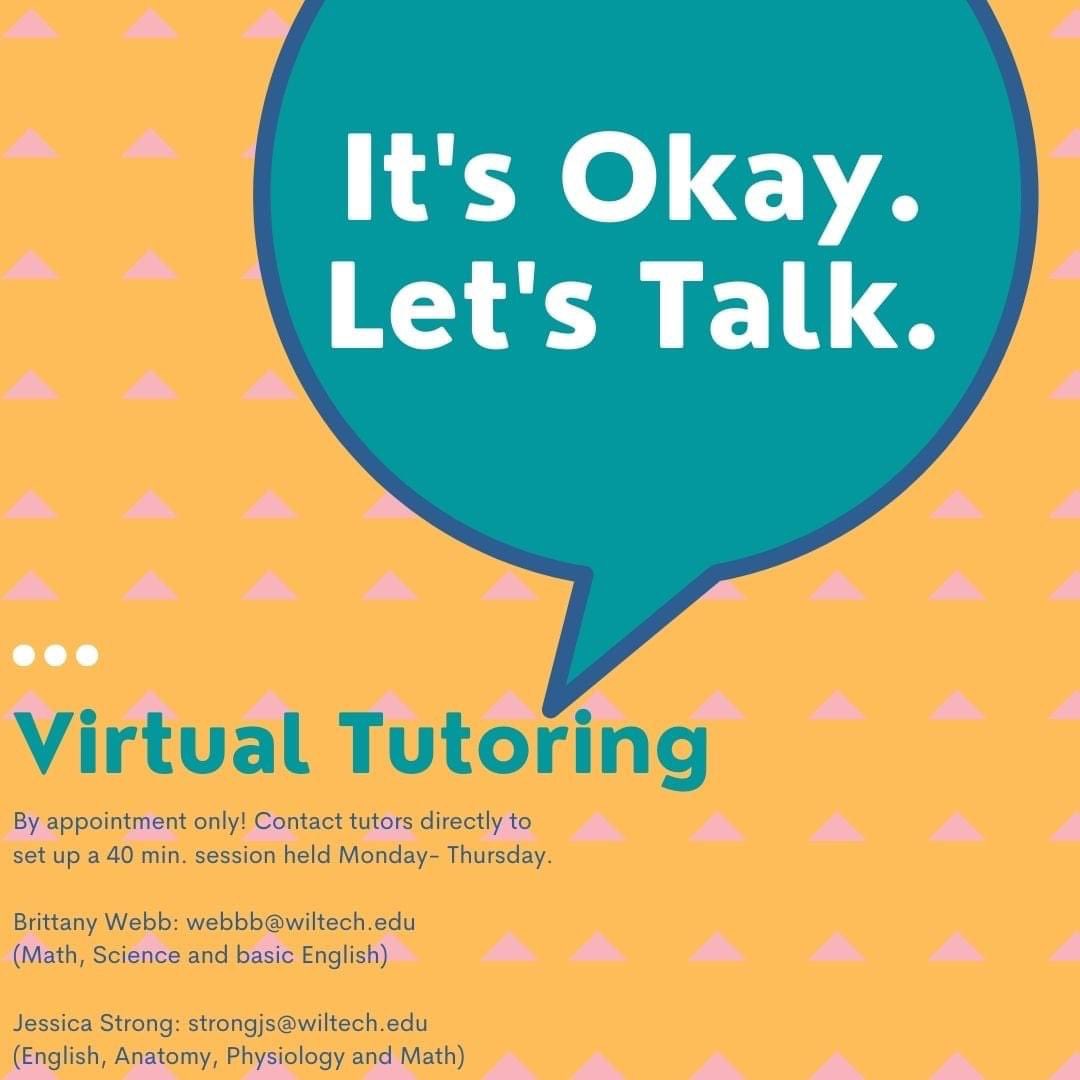 WilTechCollege's tweet photo. No fear, tutoring is here!
>>>>>>>>>>>>>>>>
🖥Register for classes: https://t.co/BW46arUKTJ
#williamsburgtechnicalcollege #wiltech #sctechnicalcollege #williamsburgcounty #onlineclasses #duelenrollment #idefy #associatesdegree #jobtraining #certifications #education https://t.co/z3k89HxNxE