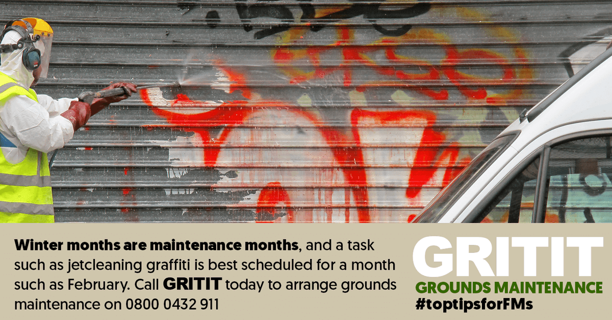 GRITIT's tweet photo. Winter months are maintenance months, and a task such as jetcleaning graffiti is best scheduled for a month such as February. Call GRITIT today to arrange grounds maintenance on 0800 0432 911 #toptipsforFMs https://t.co/EuDRuL3c4B