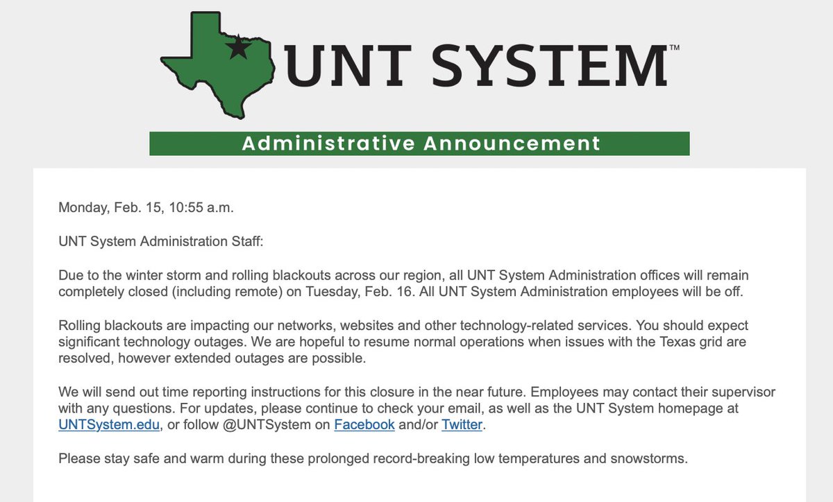 untsystem's tweet photo. UNT System will remain CLOSED on Tuesday, Feb. 16 due to inclement weather. Be aware that rolling blackouts are interrupting technology-related services.
#WeAreNorthTexas

Please see full details below: https://t.co/Ag8G8kT0cq