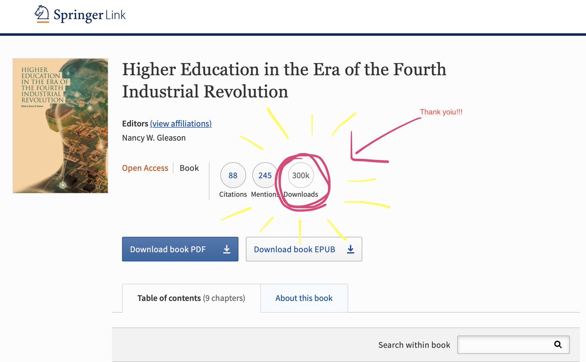 WOOHOO! My book
'Higher Education in the Era of the Fourth Industrial Revolution' hit 300K downloads!🚀 Tx contributors @txm1971 @bpenprase @lorcanD @ConstanceM @cheng_yien @EduardMullerC  
Let's push to 500K! @SN_OAbooks 
Download the book 4 free tinyurl.com/19bguscu #4IR