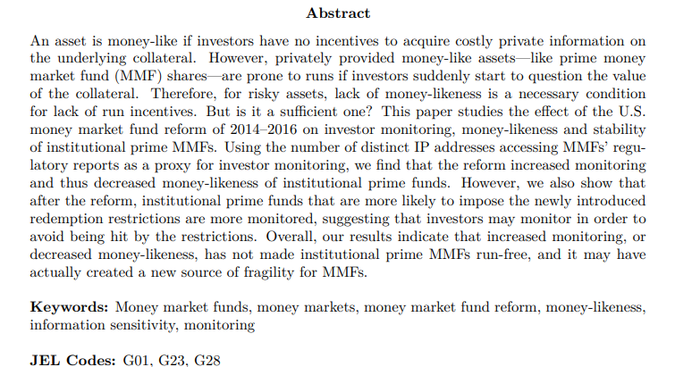 A research paper of interest from BIS partner Bank of Finland.  The geniuses are looking to prevent future runs on money market funds by increasing monitoring and the implementation of gates and withdrawal fees.

https://t.co/mtZOBtGjCI https://t.co/4zRvRXcapY