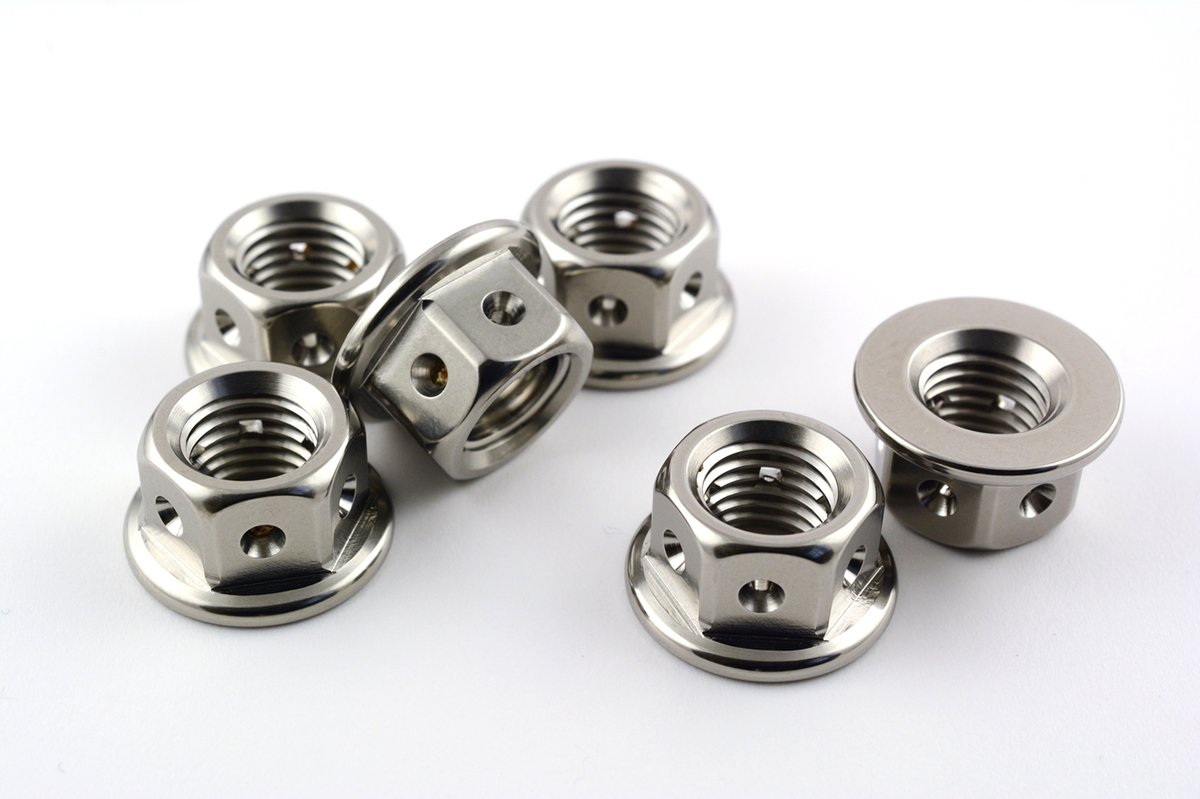 ⚡Titanium Sprocket Nuts ⚡
M8 - M12, standard and race drilled. 
M10 also available in extra small!