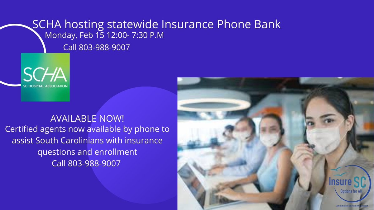 GetCoveredSC's tweet image. SC Hospital Association’s Insurance Phone Bank has certified agents, including our own Shelli Quenga, available by phone to help South Carolinians with insurance questions and enrollment NOW, from 12-7:30 P.M. Call 803-988-9007 TODAY.