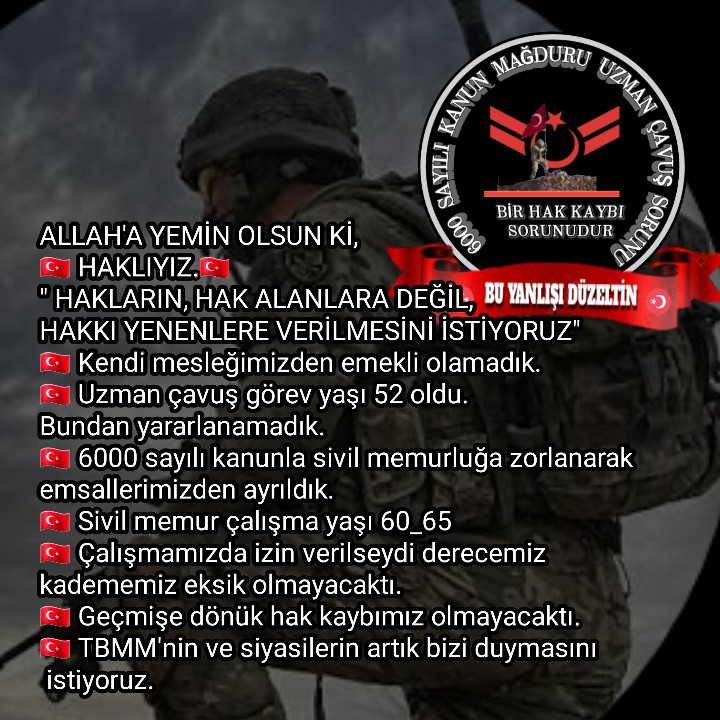 <a href="/alitilkici38/">Ali Tilkici 🇹🇷</a> <a href="/TBMMresmi/">TBMM</a> #KahramanUzmanCavuslar
#6000SylKanunMagduruUzmCvslar
Teklif edilen Kanun içerisinde
1️⃣Astlık-Üstlük tesis edilsin
2️⃣40 yaş üstüne sözleşme şartı aranmasın
3️⃣ Kıdemler rütbeden sayılsın
4️⃣ Sivil Memurluğa geçen Uzm Çvşların geçmişe dönük maaş tazminatları ve bir derece verilsin