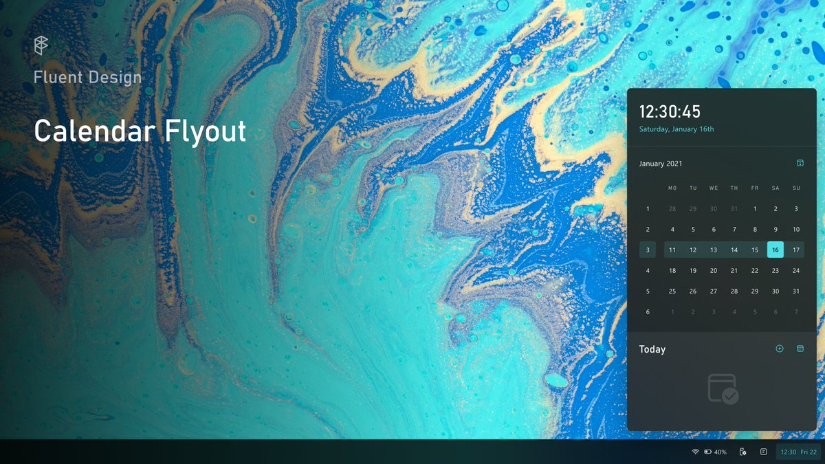 samudroiddotexe's tweet photo. (1/2) Redesigned Calendar flyout.

Added week numbers; although the layout is similar to the current one, it is now coherent to Fluent Design guidelines.

#fluentdesign @MicrosoftDesign https://t.co/h3TjV3PaxO