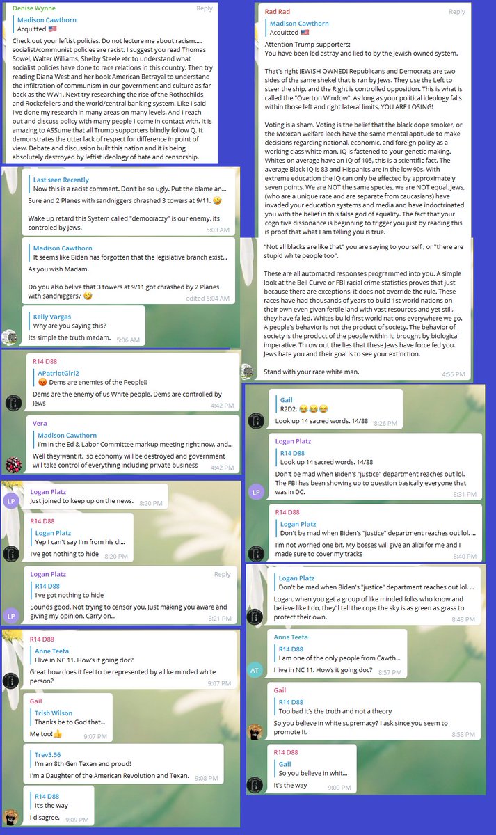 FjolnirTweets's tweet photo. Cawthorn's Telegram chatgroup is a steaming cesspool of racism, anti-Semitic Qonspiracy, and historical revisionism.  Multiple users call on Madison to ban the leftists in the chat, but have no problem with the white supremacists calling for segregation and genocide. https://t.co/8Xv9p0jy6L