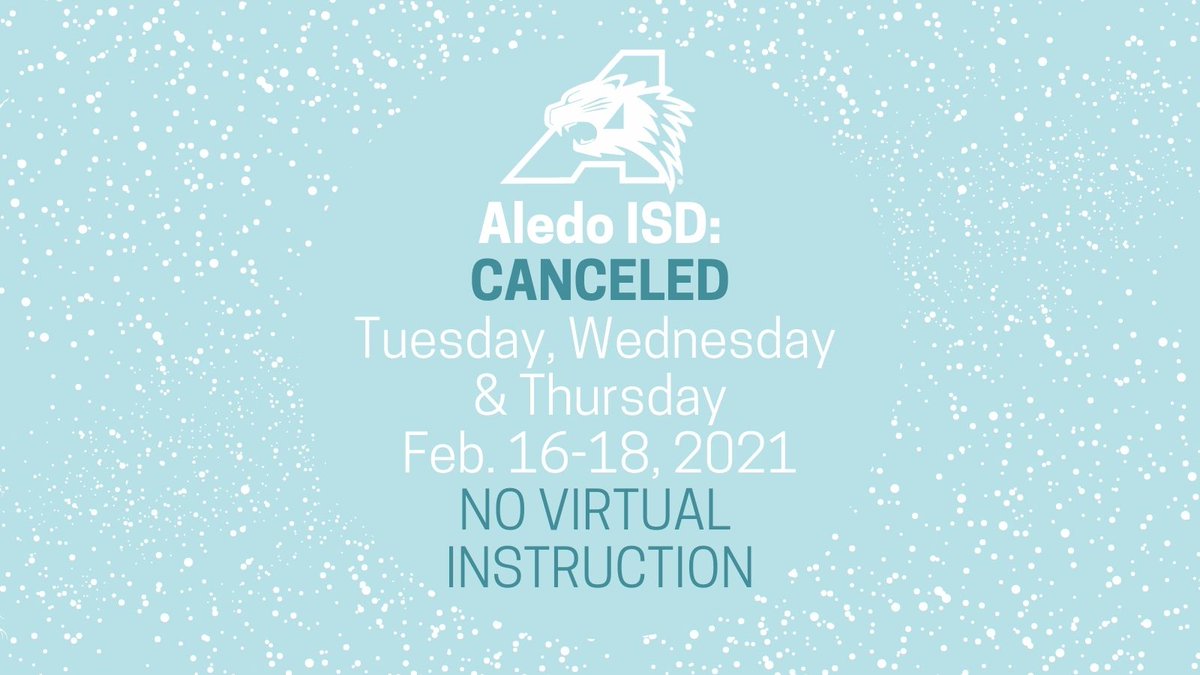 1/3Due to continued dangerous weather conditions, we are canceling school Tues, Wed &amp; Thurs this week (2/16-18). We will NOT be having classes virtually. With a lack of reliable power, we want you to focus on being safe &amp; warm &amp; we do not want to further burden the electric grid.