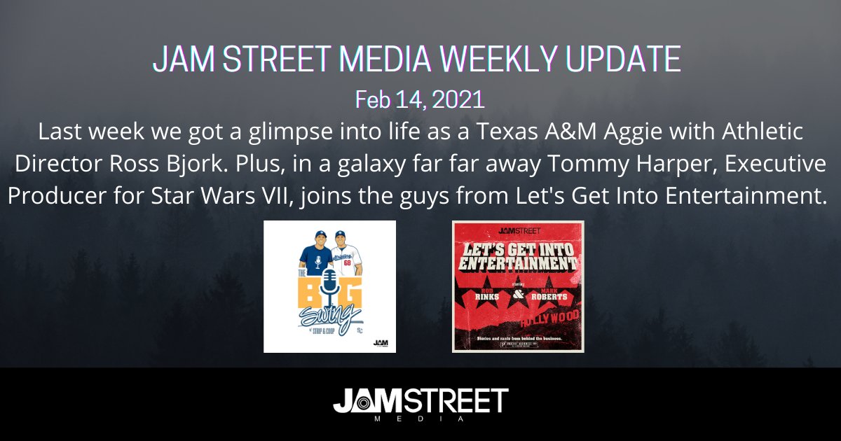 jamstreetmedia's tweet photo. Missed out on last weeks episodes of @bigswingpodcast and @LetsGetInto_Ent ?  Check out our weekly update to catch up on the latest from their #podcasts with special guest @12thMan  Athletic Director @RossBjorkAD and Executive Producer TommyHarper. 

https://t.co/BJrn3YVSSW https://t.co/twJaXtIqs3