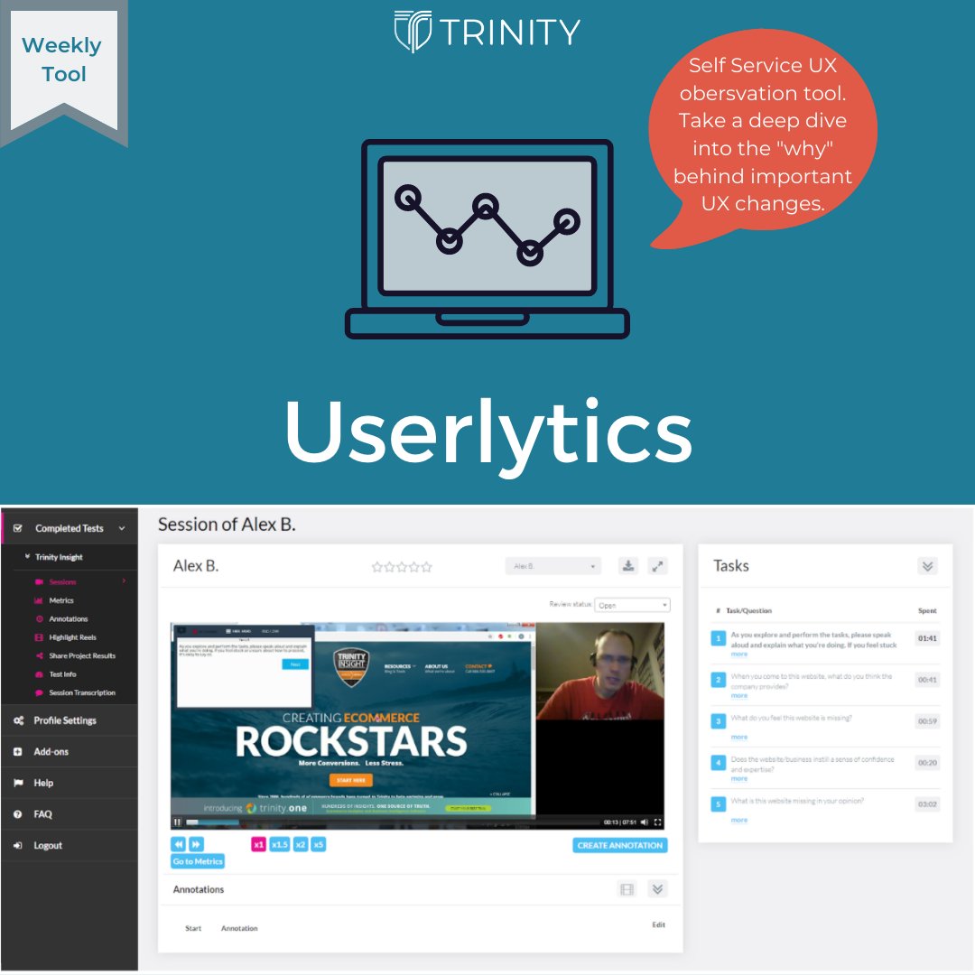 Trinity’s weekly tool: Userlytics. This self-service UX observation platform gives you a key understanding of potential UX changes. Integrate this tool into your user experience plan for better results and observations. @userlytics