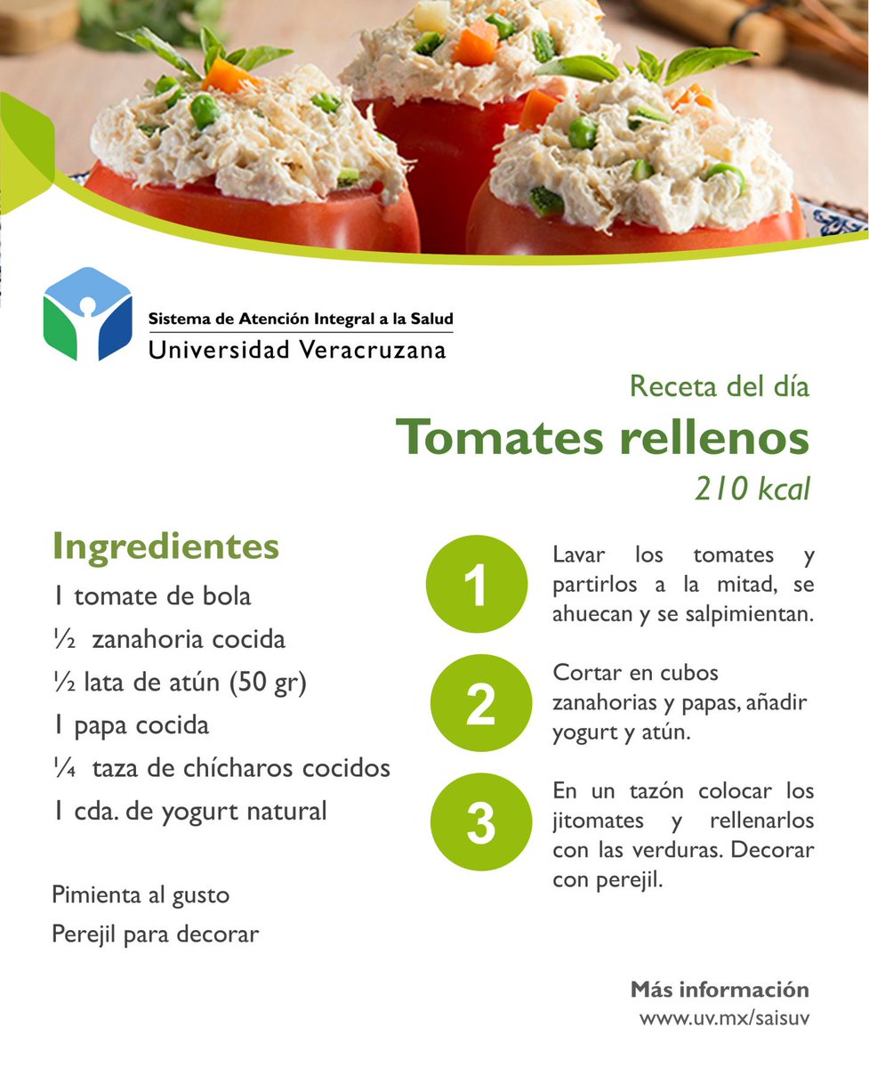 #UV_Saludable
¿Sabías que el tomate🍅 mejora la circulación sanguínea y es fuente antioxidante? Pues qué mejor que disfrutarlo con esta receta práctica y aprovechar sus propiedades.