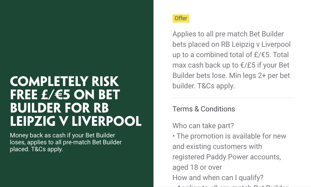 Should be a risk free Β£5 on the RB Leipzig v Liverpool game for most Paddy Power customers.
2/1, 3/1 & 20/1 picks below
Pretty keen on Thiago being carded, Paddy's currently top price at 3/1. Plenty at stake for L'pool and he's looked a liability defensively in recent games https://t.co/QRvHloerNS