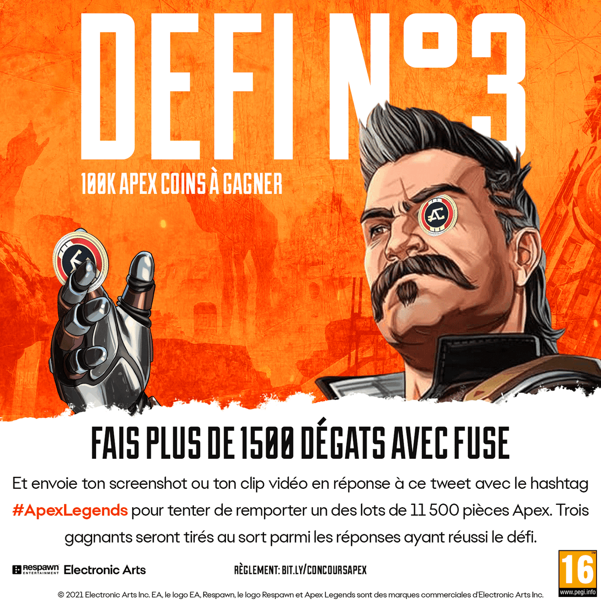EAFrance's tweet photo. Dernière semaine de défi *pew pew*. Parviendrez-vous à infliger plus de 1500 pts de dégâts en UNE game ? Pour 11500 pièces Apex, ça vaut le coup.

Alors, clip vidéo ou photo : check
Réponse au tweet : check
#ApexLegends : check
Y a plus qu'à cliquer sur "Tweeter".

Bonne chance ! https://t.co/y2K1W8we1J