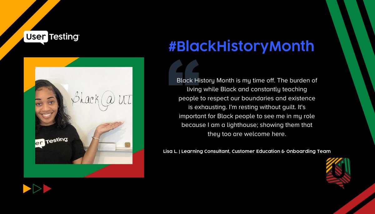 usertesting's tweet photo. For #BlackHistoryMonth we are sharing experiences from our Black employees. Meet UserTesting's Lisa Lloyd and learn more about what Black History Month means to Lisa and why it's important to hire Black people in a role like hers. #RepresentationMatters #UTLife https://t.co/Nz60I1WQuV