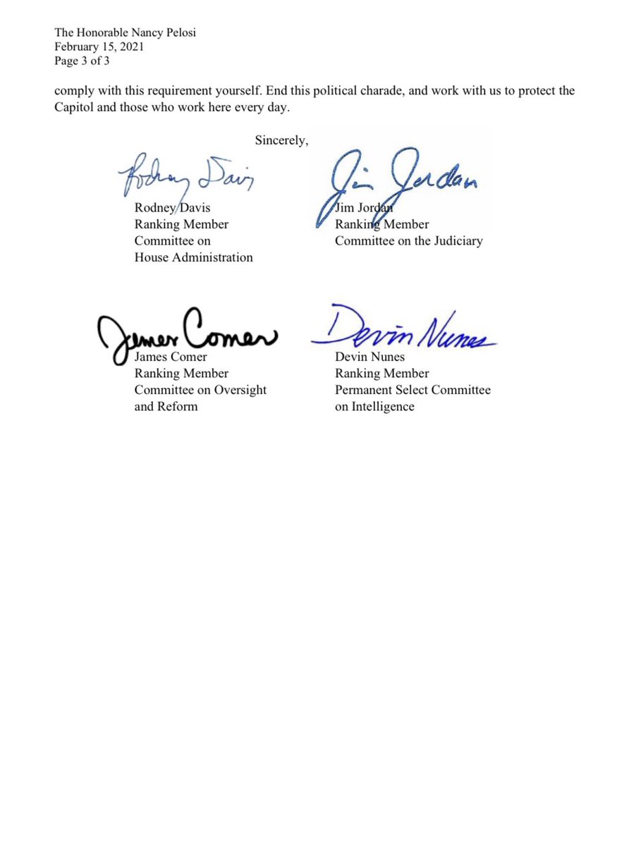 JudiciaryGOP's tweet image. 🚨 #BREAKING: @RodneyDavis, @Jim_Jordan, @RepJamesComer, @DevinNunes demand answers from Speaker Pelosi on her security decisions surrounding January 6th.