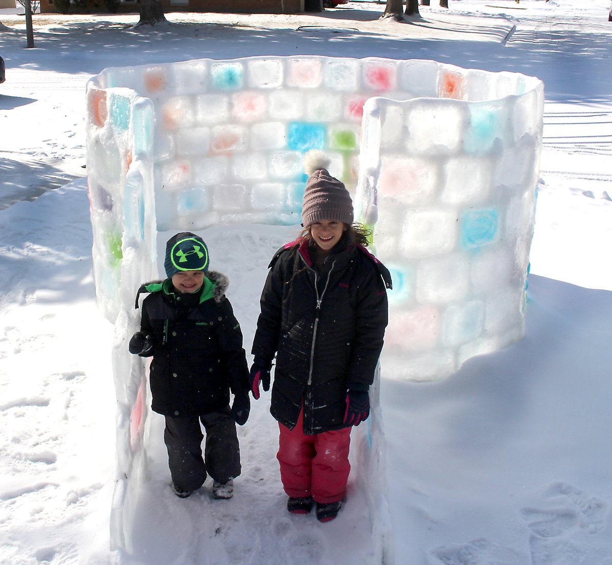 Rilynn Oliveira, 7, and her brother Decklyn, 4, take advantage of the sunny weather on Family Day to put the finishing touches on the igloo they spent a week making in front of their north Chatham home with help from dad and mom. #ckont