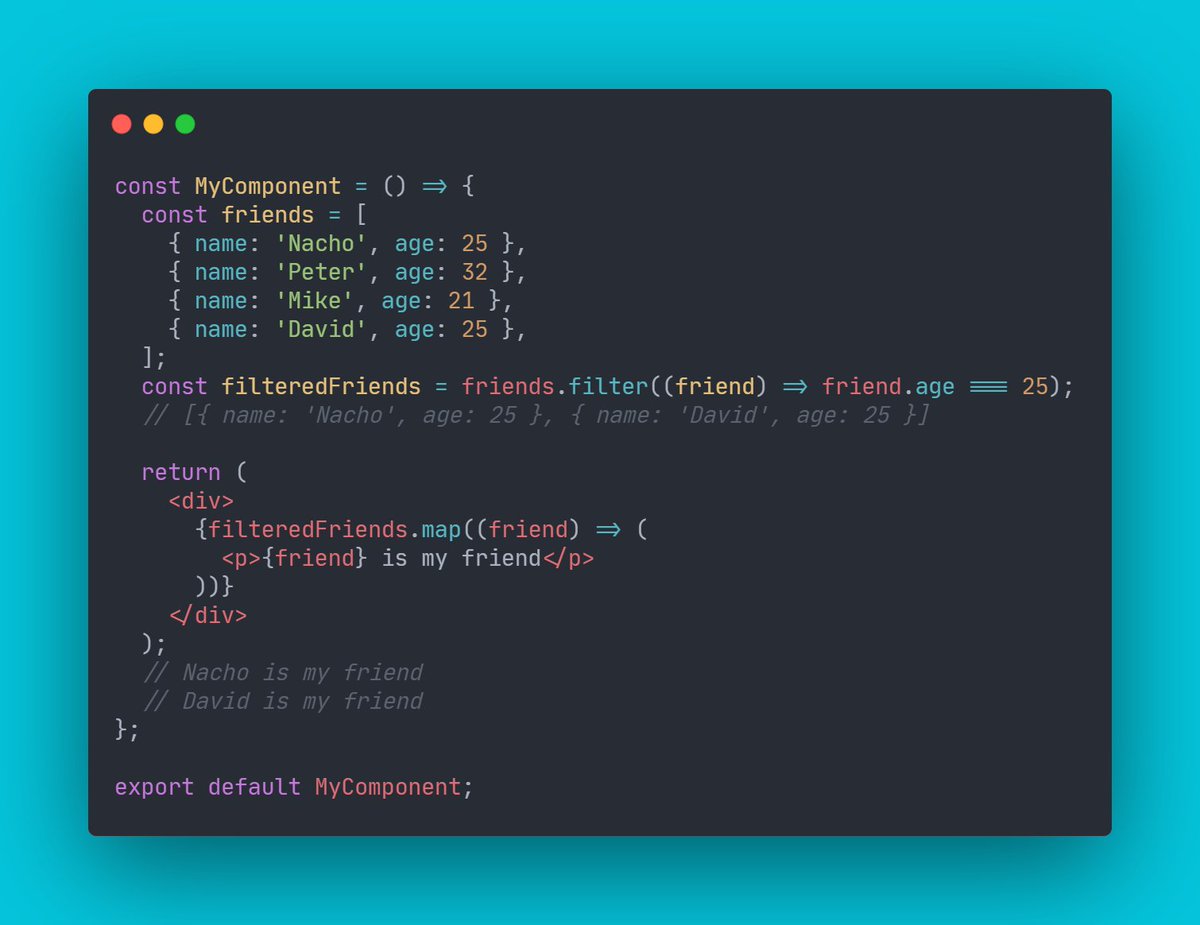 map and filter.These are the two most important methods in React.map() returns a new array with the results of the passed function. This is essential to render data of an array.filter() returns a new array with all the elements that returned true from the passed function.