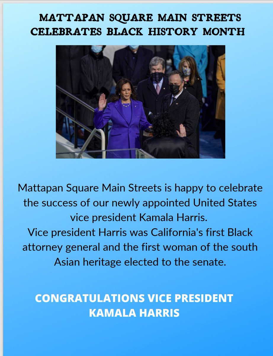 MattSqMain's tweet photo. MATTAPAN SQUARE MAIN STREETS CELEBRATES BLACK HISTORY MONTH!!!! CONGRATUALTIONS TO OUR NEW VICE PRESIDENT!!! https://t.co/bOQyWCLB1I