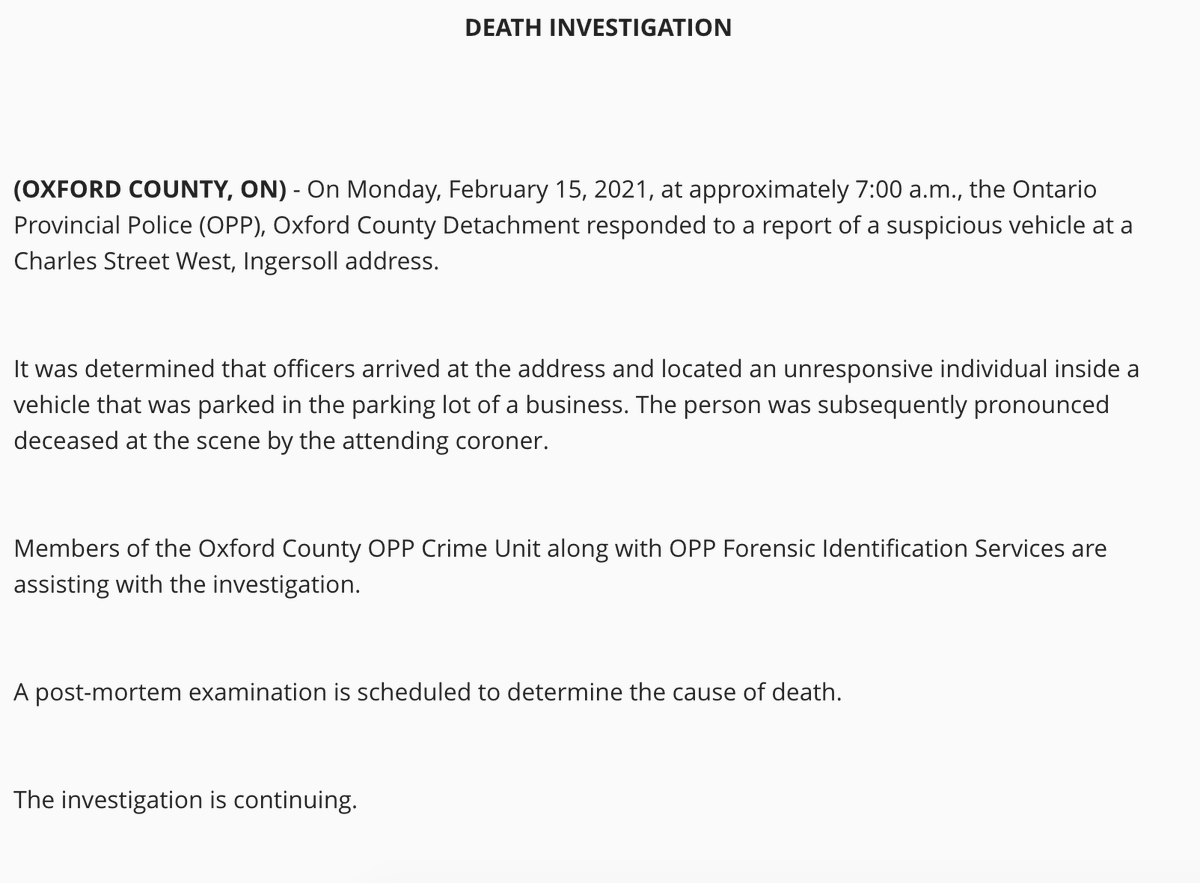 ChronicleLance's tweet photo. DECEASED PERSON FOUND in vehicle after suspicious vehicle called in to police - 7 am Feb 15 on Charles St W, Ingersoll. Vehicle was parked behind business, person was unresponsive when police arrived. Post mortem exam scheduled to determine cause of death. https://t.co/pvtQKXFiVz