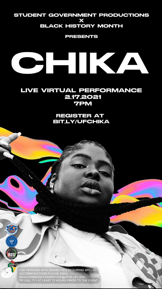 UFSGP's tweet image. SGP &amp;amp; @UFBHM present Chika in honor of Black History Month! An influential rapper and Grammy nominee, Chika is using her voice for activism. Tune into her live virtual performance on Feb. 17. Register here: bit.ly/ufchika