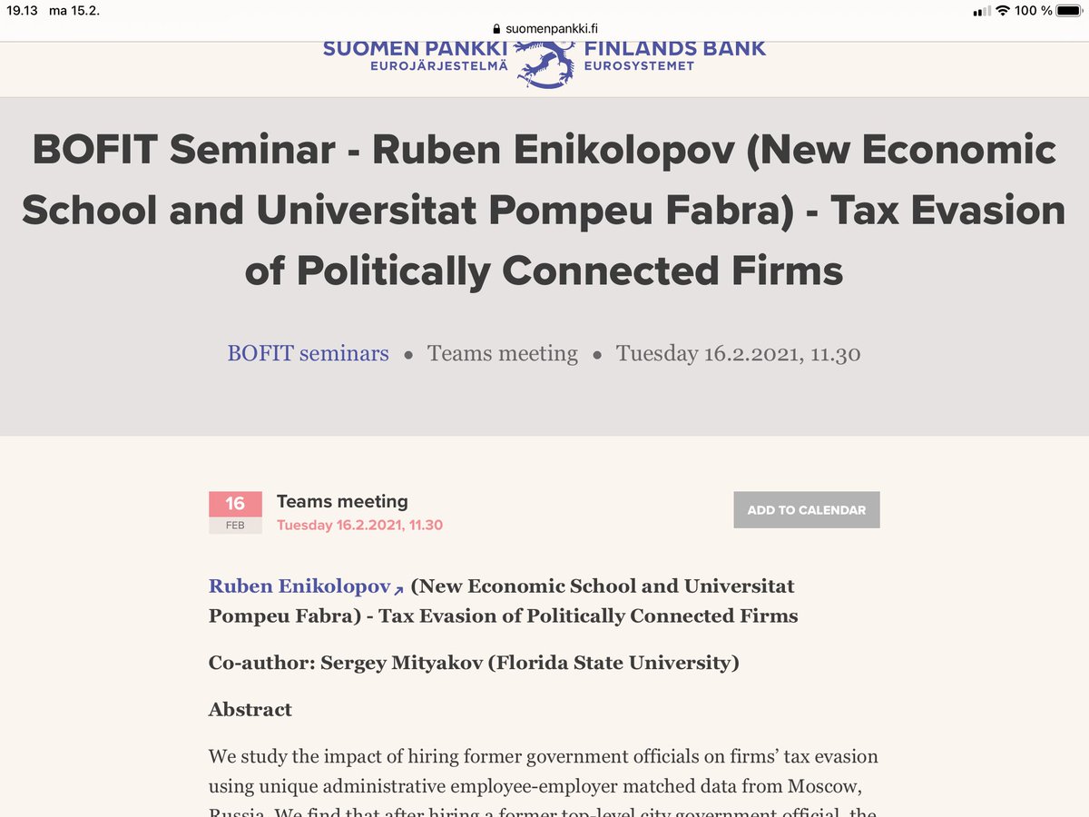 Tomorrow, Tuesday, February 16 at 11:30 _Helsinki_ time

@BOFITresearch Seminar - Ruben Enikolopov (New Economic School and Universitat Pompeu Fabra) - Tax Evasion of Politically Connected Firms

Pre-registration required!

@renikolopov @NES_Moscow https://t.co/zY2XcijHI4