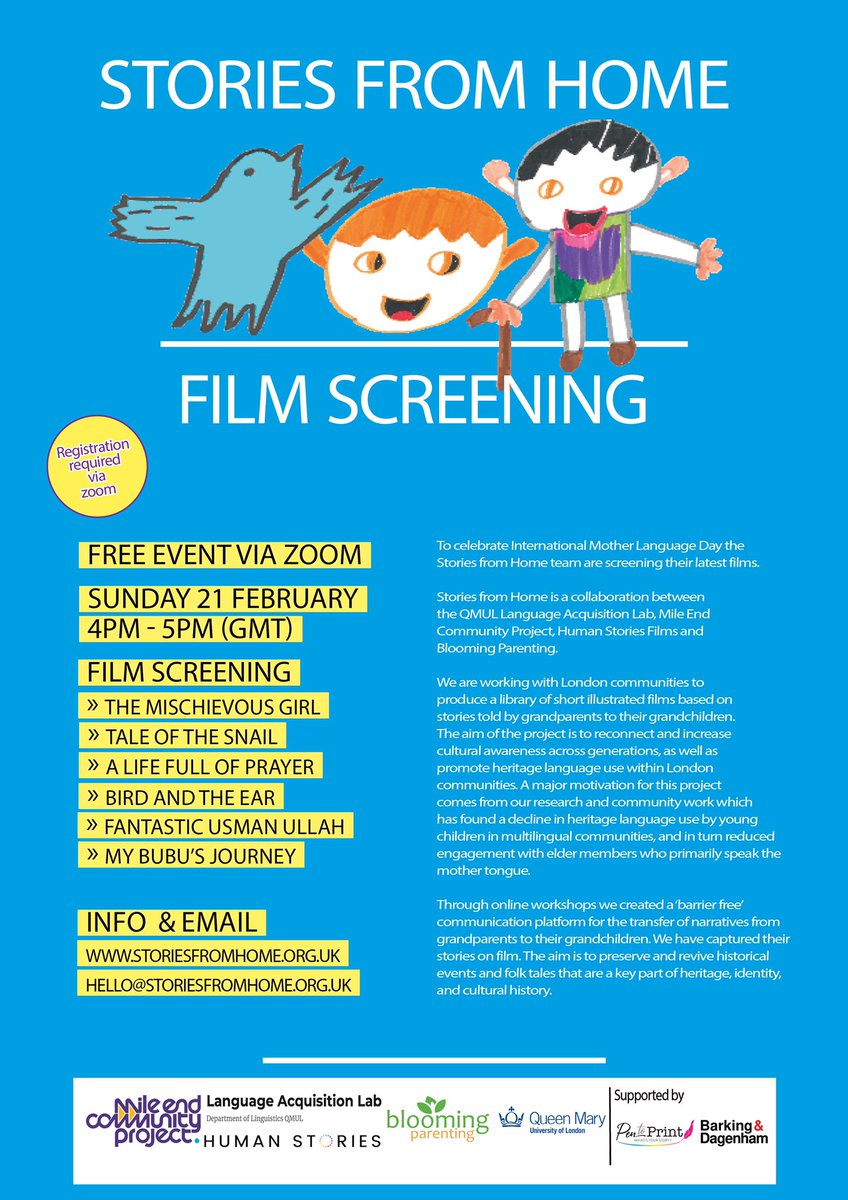 Fantastic Usman Ullah, The Mischievous Girl &amp; Tail of the Snail, some titles of our unique short illustrated films narrated by grandparents and retold by their grandchildren. Register by Fri 5pm to attend our Stories From Home ( #SFH) film screening. 

qmul-ac-uk.zoom.us/meeting/regist…