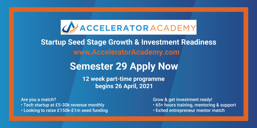 Looking to raise #seedfunding for your #startup? 
👉AcceleratorAcademy.com is welcoming applications now! Join the virtual programme helping #founders to nail investor ready business plan &amp; pitch matched with an exited entrepreneur mentor plus 65+ hours of training over 12 weeks