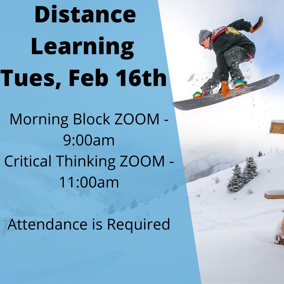 Union Alt Ed: We will be on our Distance Learning Schedule on Tuesday, February 16th. Your teachers will post the ZOOM links on Canvas and your attendance is required. Assignments for tomorrow will also come from Canvas. If you have any questions, please call 918-357-7080.