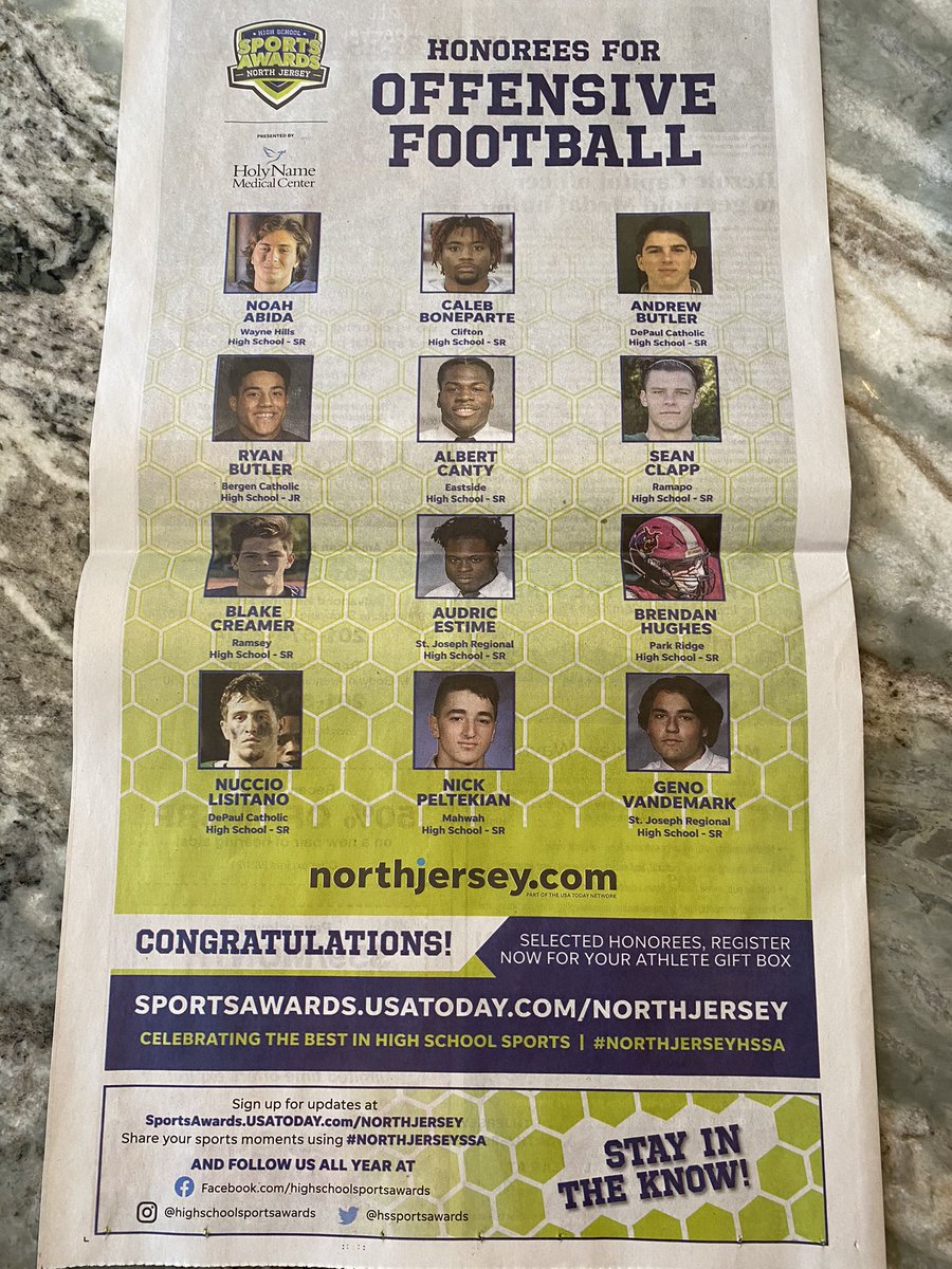 Just got this in the newspaper yesterday! Super honored to have been selected as an honoree for offense for the nj.com high school sports awards! Congratulations to all of the other honorees!!