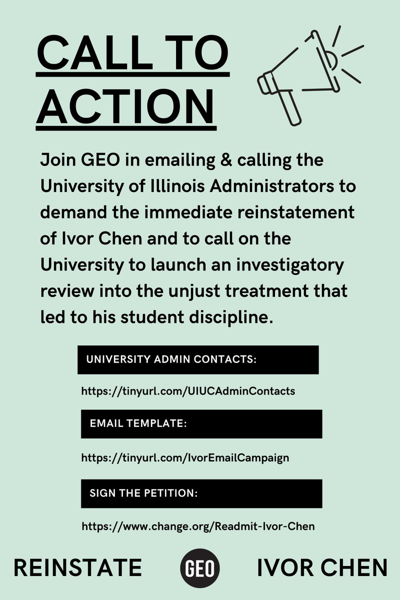 geo_uiuc's tweet photo. Thank you SO MUCH to all who have signed and shared our petition in support of Ivor Chen's reinstatement! Our next step is taking action, and that's going to start TODAY with an email/call campaign on Ivor's behalf. An email template/script can be found at https://t.co/99CjNi9rtG https://t.co/6rsSmxxwV6