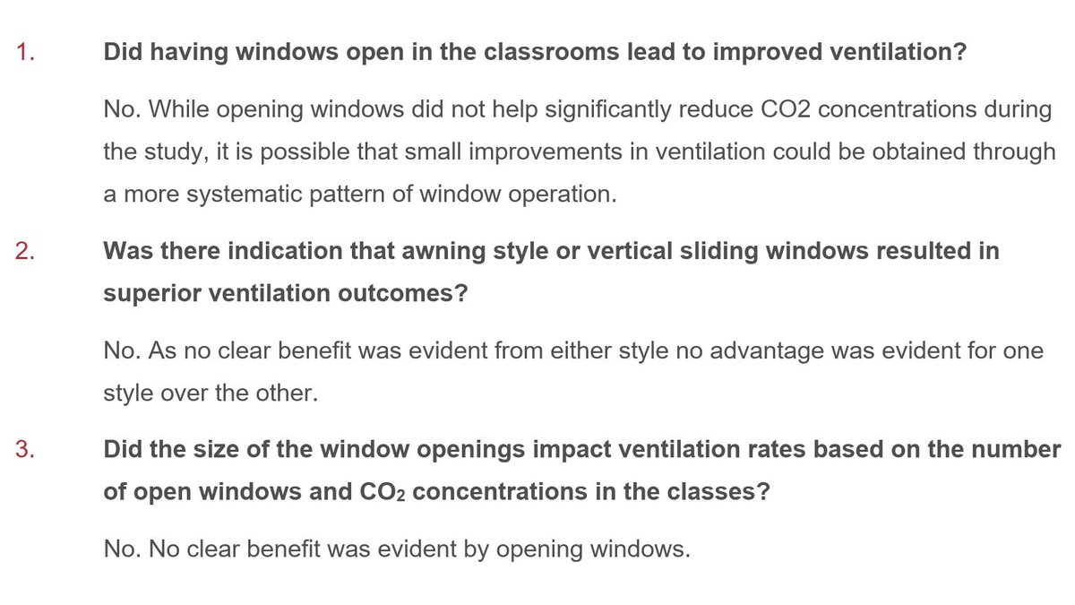 9. These are worrying answers, not consistent with building science principles, especially for the school without mechanical ventilation. See many  #COVIDCO2 posts & Harvard Healthy Schools guide: Nearly instant changes in CO2 concentration by opening windows.