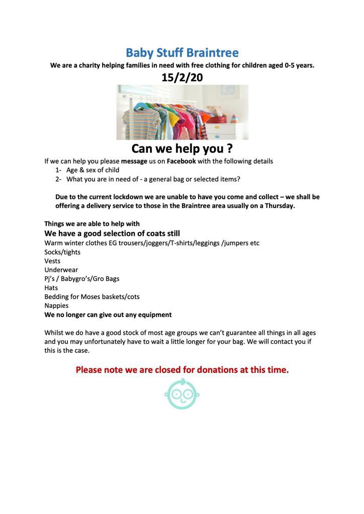 BabyStuffCM7's tweet image. Can we help you or someone you know?  We’re able to provide warm clothes for ages 0-5. Thank you for reminding people that we’re still delivering @homestartessex @WithamHub @EssexAction @livewellLocal